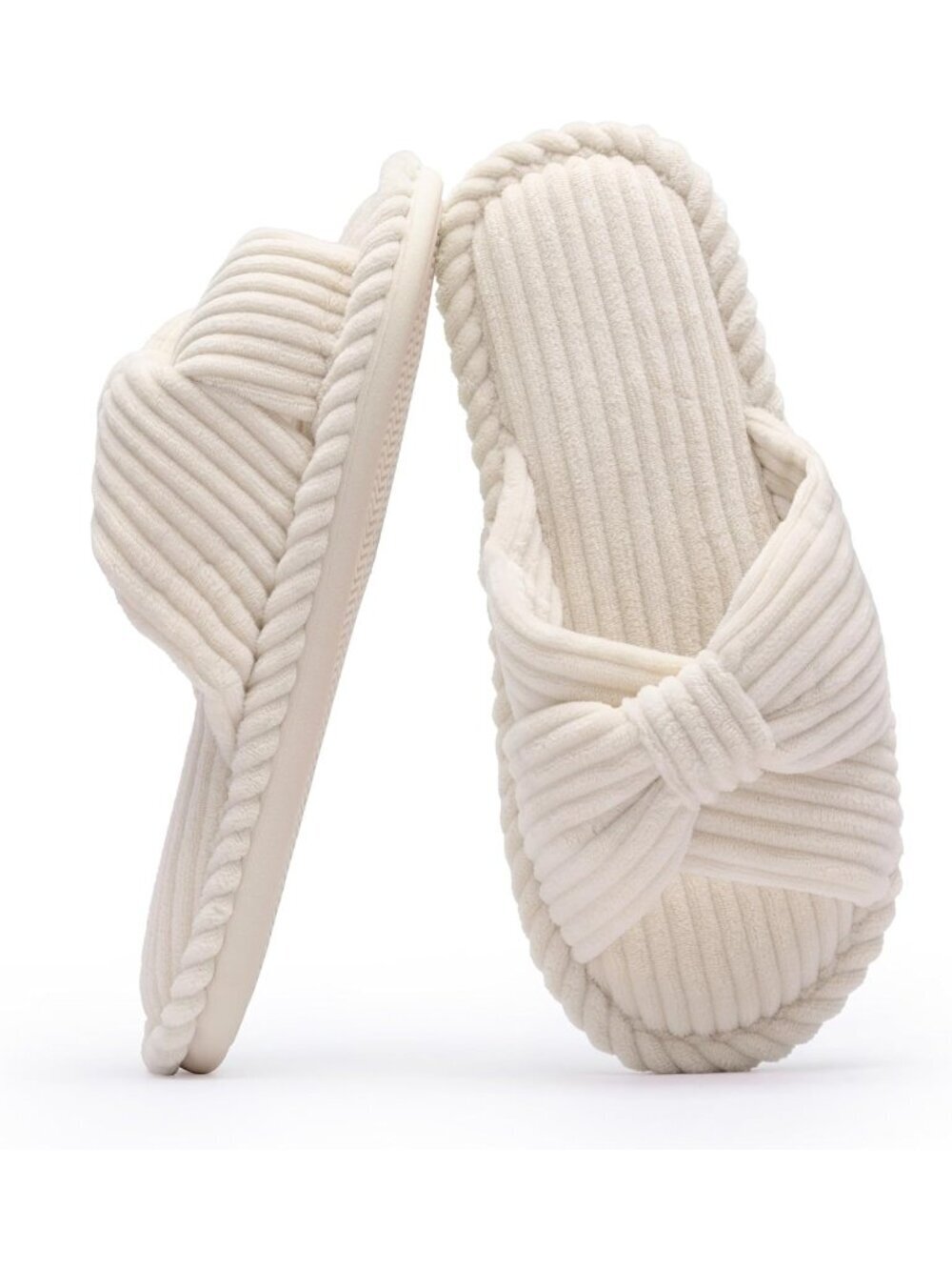 Women's Beige Slides Slipper Home Bedroom Bathroom Open Toe Corduroy Shoes